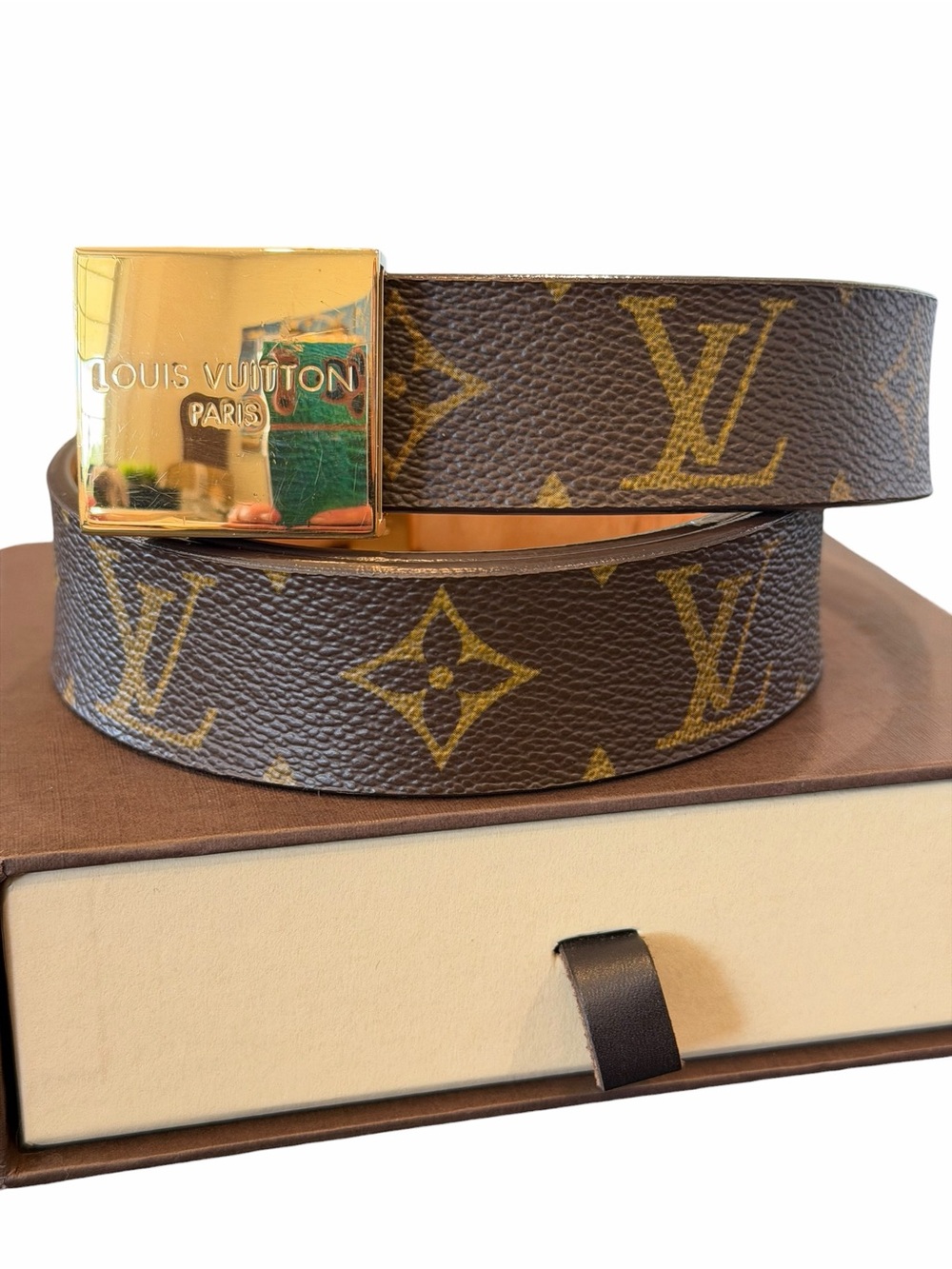 Louis Vuitton Brown Monogram Canvas Belt with Gold Buckle - Picture 1 of 6